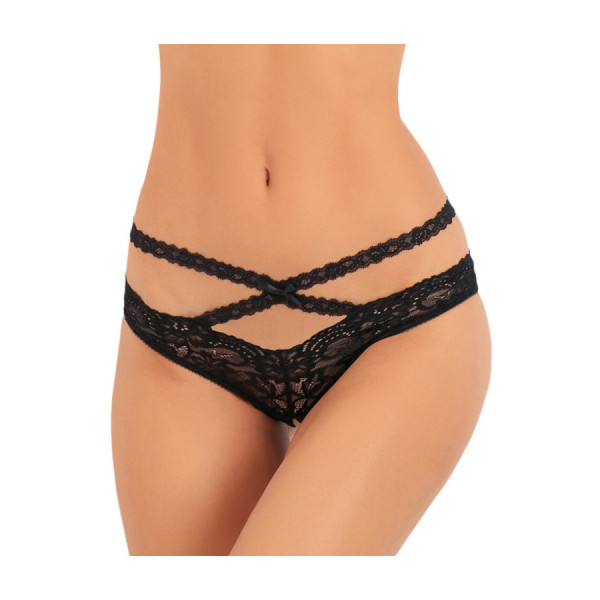 Tanga ouvert noir en dentelle avec ornements croisés avant arrière 
